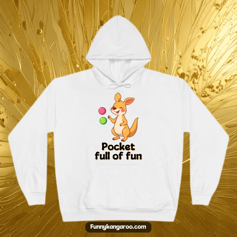 Funny kangaroo hoodie depicting a giggling cartoon kangaroo skillfully juggling three vividly colored balls, designed for ultimate comfort and humor.