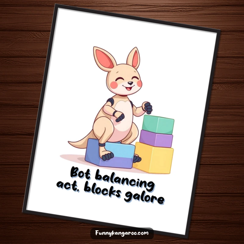 Funny Free Printable Wall Art: Giggling kangaroo bot focused on balancing a tall stack of colorful blocks, charming decor.