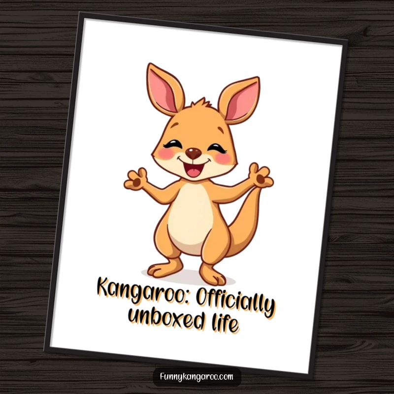 Funny Free Printable Wall Art: Joyful cartoon kangaroo in a silly dance pose with paws in the air, spreading happiness.