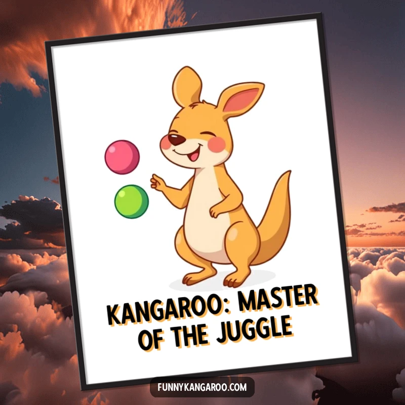 Funny Free Printable Wall Art: Giggling cartoon kangaroo humorously juggling vibrant balls, bringing joy to any room.