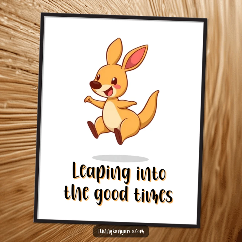 Funny Free Printable Wall Art: Bouncing cartoon kangaroo with a delighted expression, captured mid-leap, bringing humor to your decor.