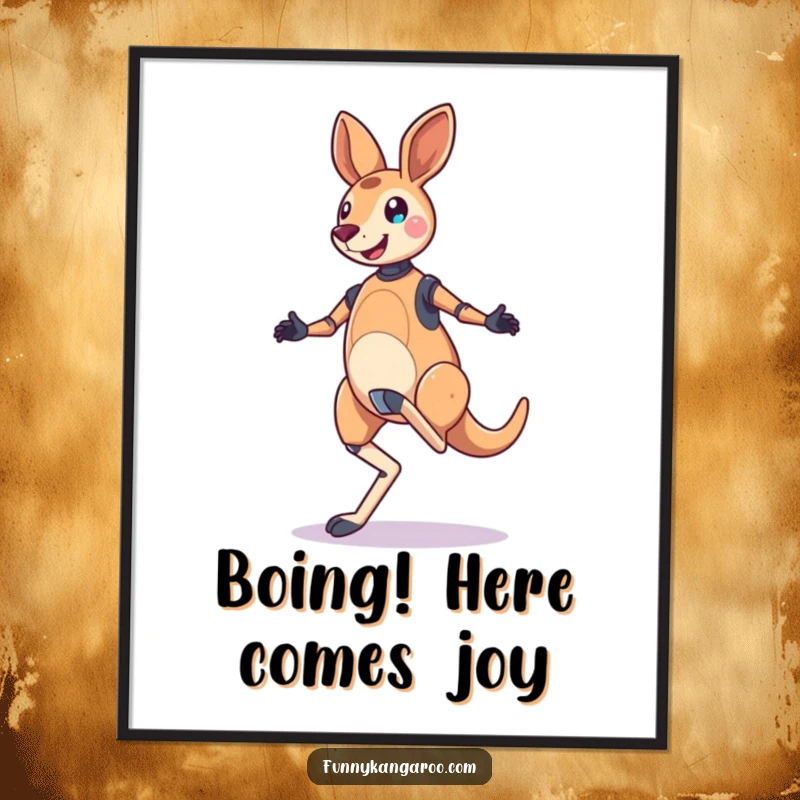 Funny Free Printable Wall Art: Jubilant Kangaroo Bot performing a bouncy, skipping hop with sheer delight.