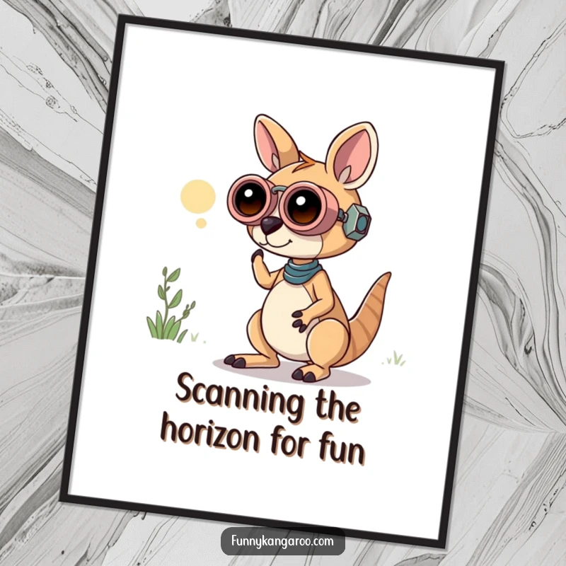 Funny Free Printable Wall Art: Curious Kangaroo Bot peering through playful binoculars, seeking new adventures.