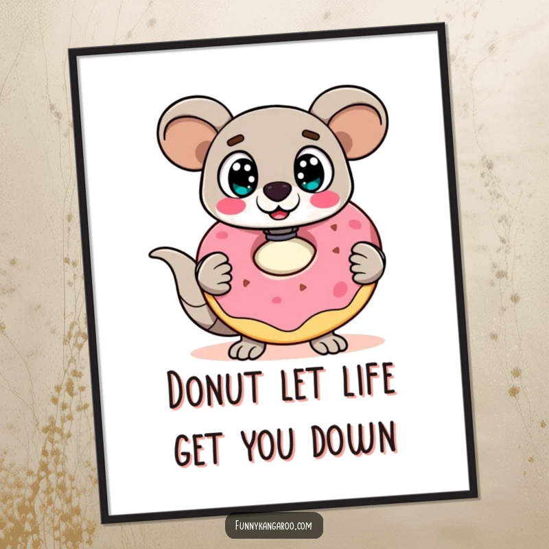 Funny Free Printable Wall Art: Surprised kangaroo bot with wide eyes holds a comically large, wobbly doughnut, a sweet treat.
