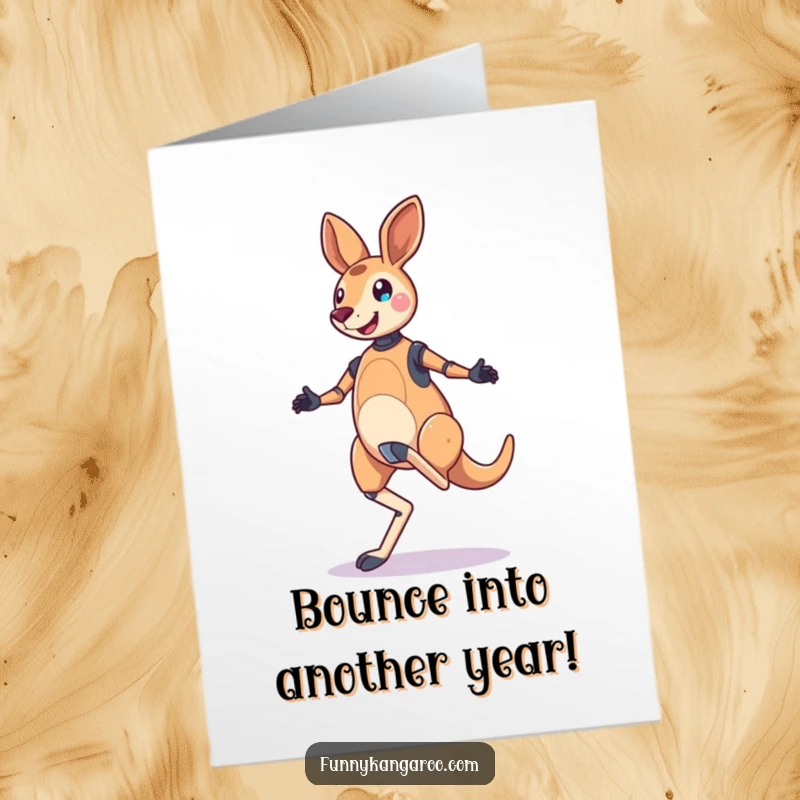 Funny Free Printable Birthday Card: Jubilant Kangaroo Bot performing a happy, bouncy skip with both feet.
