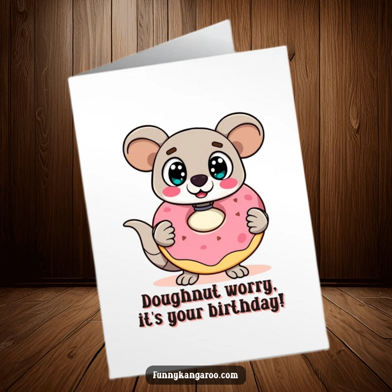 Funny Free Printable Birthday Card: A surprised kangaroo bot stares wide-eyed at a massive, wobbly doughnut, ready for birthday fun.