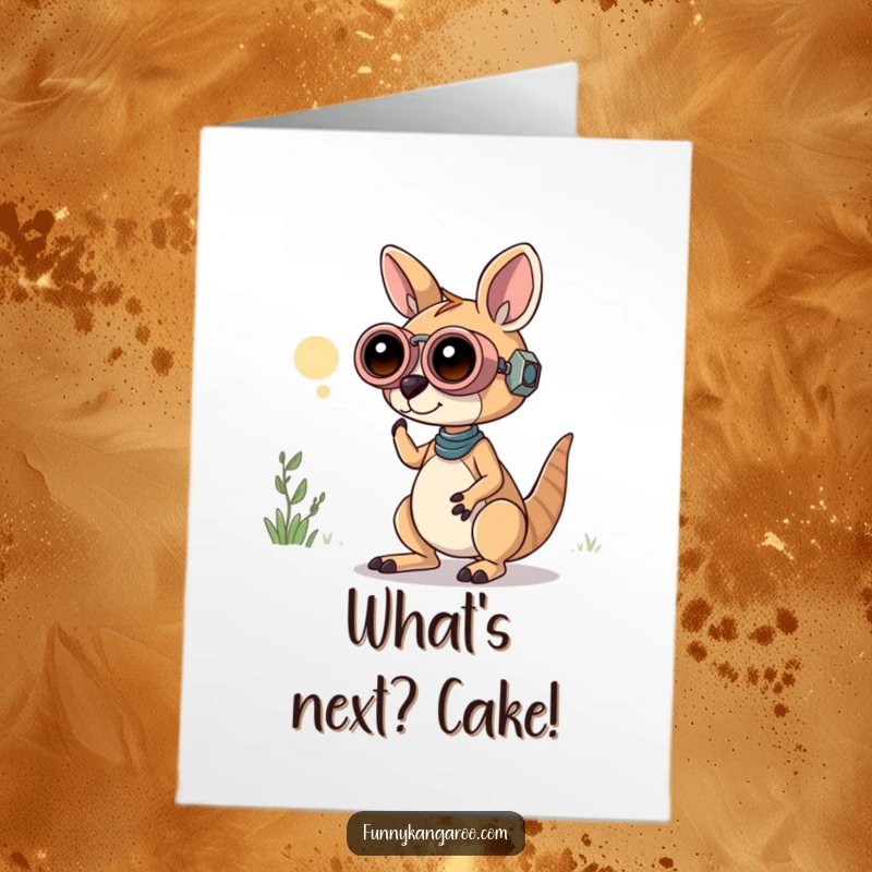 Funny Free Printable Birthday Card: Curious Kangaroo Bot peering through large binoculars, seeking birthday fun.