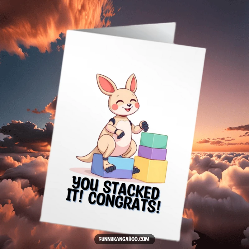 Funny Free Printable Congratulations Card: Giggling kangaroo bot beams while balancing a tower of blocks, celebrating success.