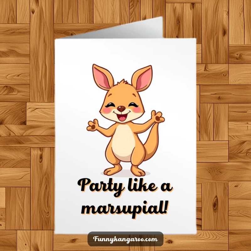 Funny Free Printable Congratulations Card: Joyful cartoon kangaroo performing a silly dance with paws up, exuding pure celebration.
