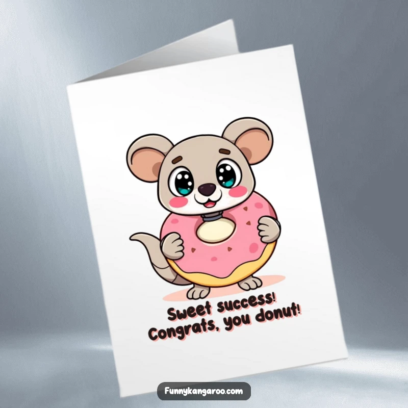 Funny Free Printable Congratulations Card: Surprised kangaroo bot holds a giant, precarious doughnut, celebrating a sweet success.