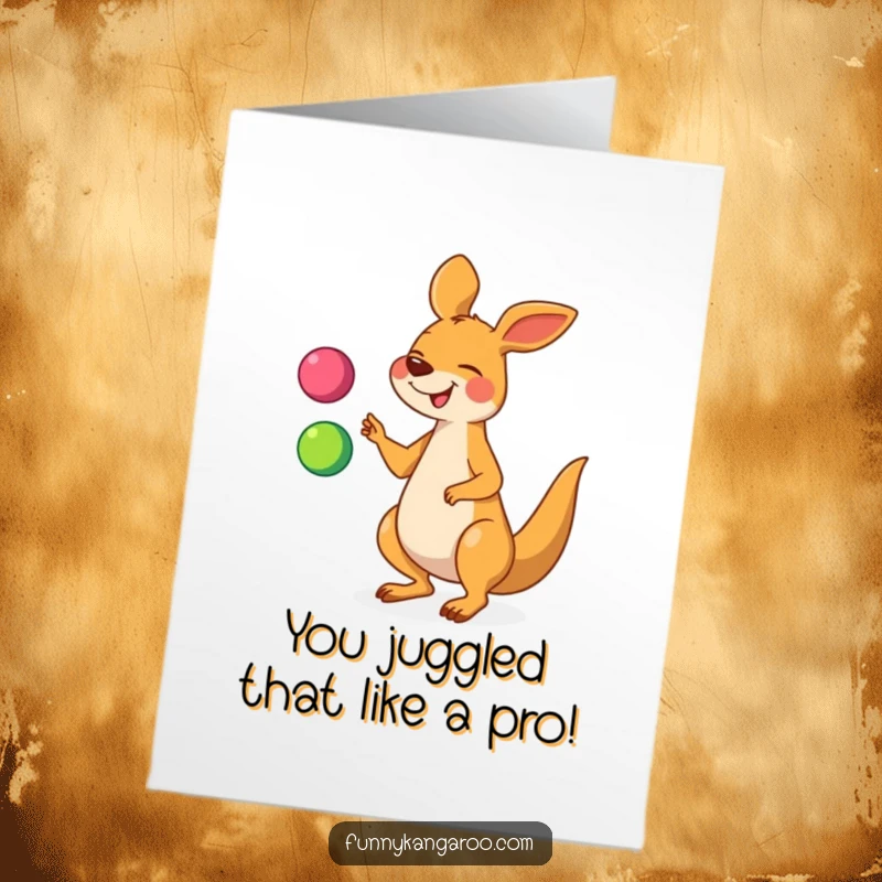 Funny Free Printable Congratulations Card: Giggling cartoon kangaroo triumphantly juggling balls, celebrating success with humor.