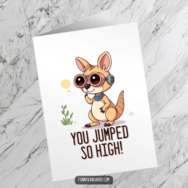 Funny Free Printable Congratulations Card: Curious Kangaroo Bot using oversized binoculars to spot success.