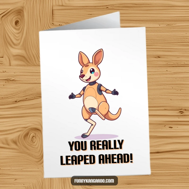 Funny Free Printable Congratulations Card: Jubilant Kangaroo Bot doing a bouncy, skipping hop to celebrate.