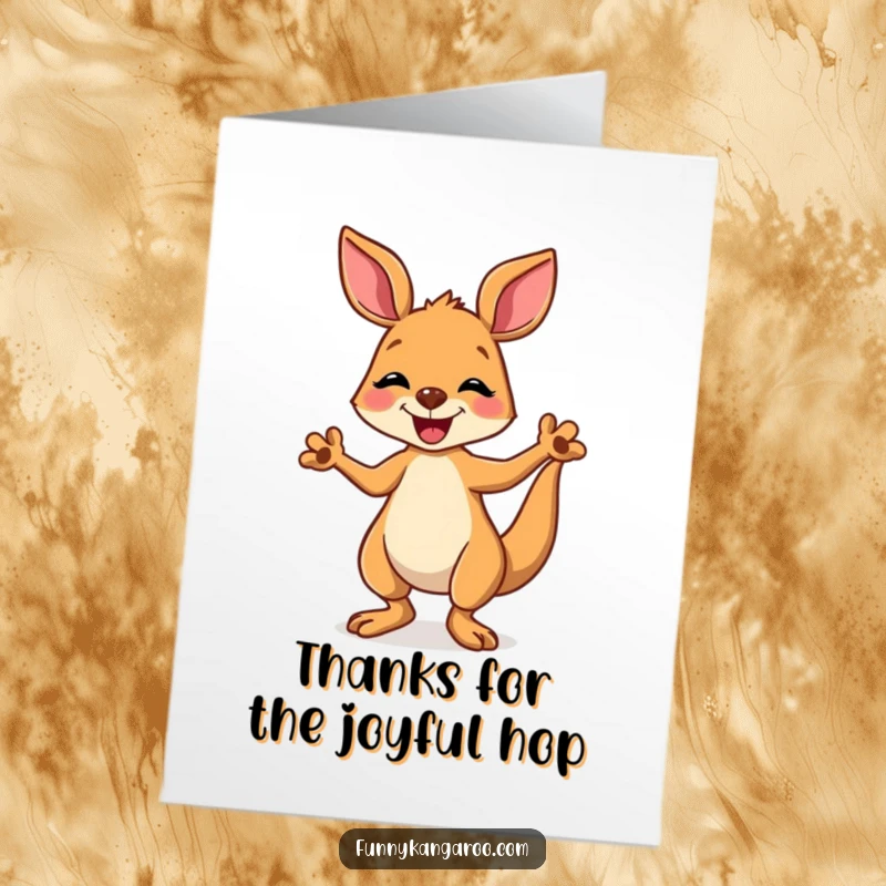 Funny Free Printable Thank You Card: Joyful cartoon kangaroo doing a silly dance with its paws, expressing thanks playfully.