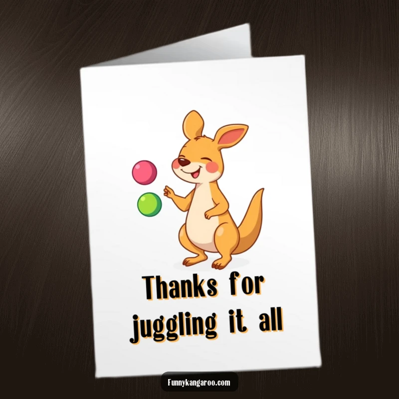Funny Free Printable Thank You Card: Giggling cartoon kangaroo juggling colorful balls, showing gratitude with a playful twist.