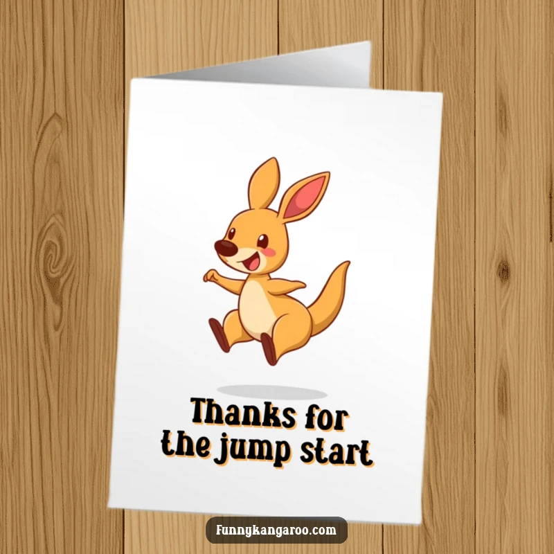 Funny Free Printable Thank You Card: Bouncing cartoon kangaroo mid-leap with delight, a humorous and energetic thank you note.