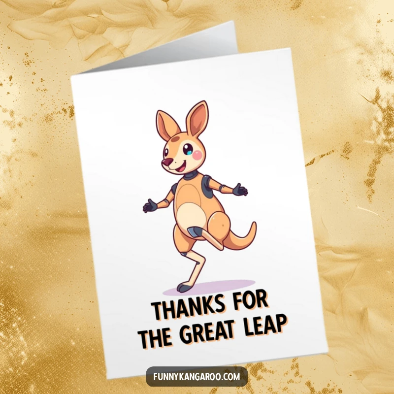 Funny Free Printable Thank You Card: Jubilant Kangaroo Bot doing a bouncy hop, conveying cheerful thanks.