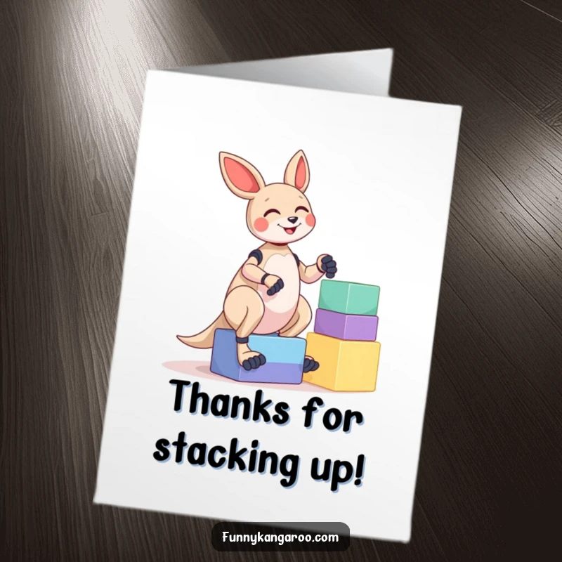 Funny Free Printable Thank You Card: Giggling kangaroo bot concentrates hard on balancing blocks, a unique way to say thanks.
