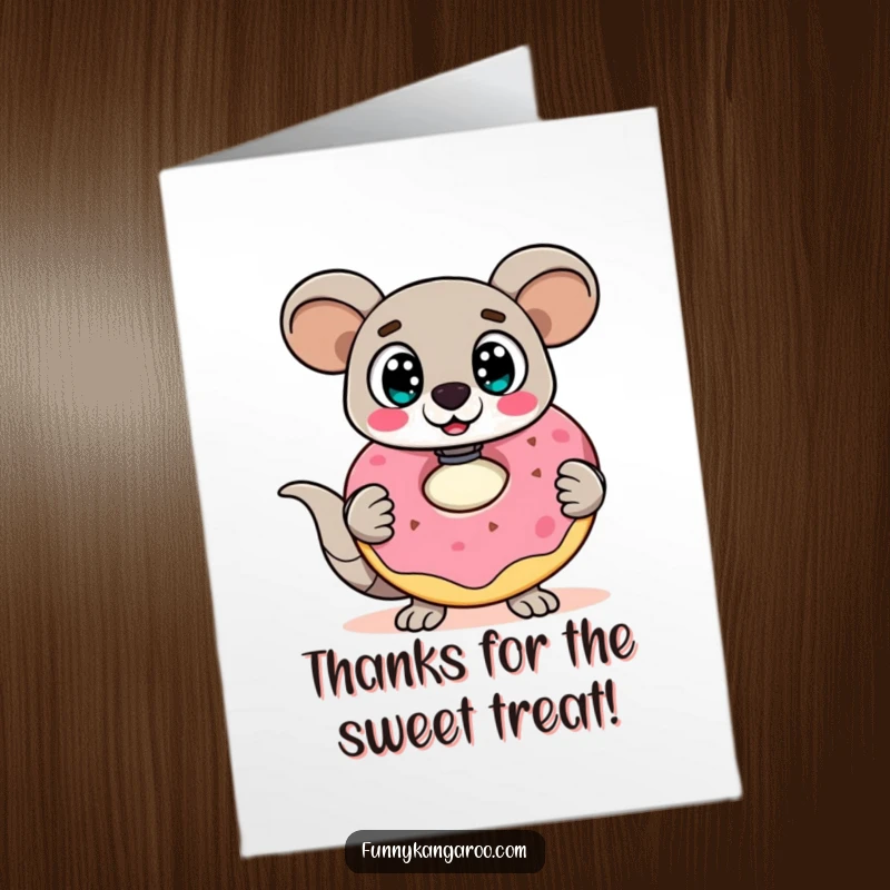 Funny Free Printable Thank You Card: A surprised kangaroo bot clutches a huge, wobbly doughnut, offering sweet thanks.