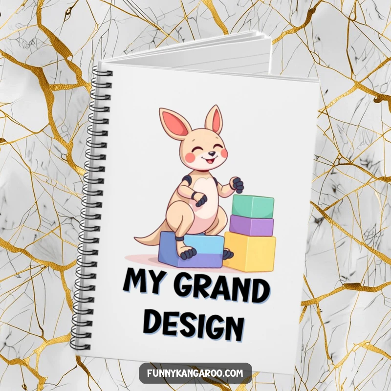 Funny Kangaroo Bot Notebook: A giggling kangaroo bot attempts to balance a stack of colorful blocks, inspiring creativity and humor in your notes.