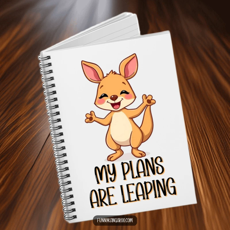 Funny kangaroo notebook featuring a joyful cartoon kangaroo doing a happy, silly dance, perfect for notes and creative ideas.