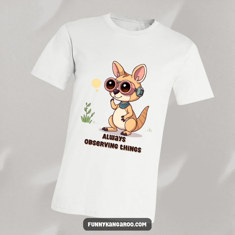 Funny Kangaroo Bot T-Shirt: A curious kangaroo bot uses playful oversized binoculars, ready to discover with humorous intent.