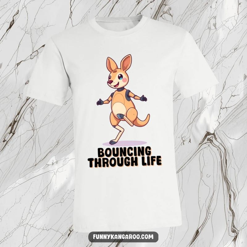 Funny Kangaroo Bot T-Shirt: A jubilant kangaroo bot is captured mid-bouncy hop, showcasing playful robot energy and humor.