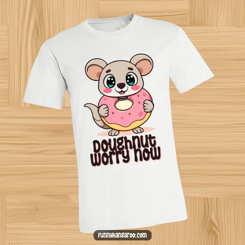Funny Kangaroo Bot T-Shirt: A surprised kangaroo bot with wide eyes clutches a giant, wobbly doughnut, looking hilariously overwhelmed.