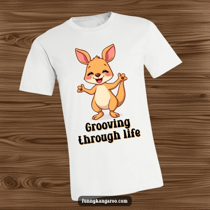 Funny kangaroo t-shirt showcasing a happy cartoon kangaroo performing a joyful, silly dance with its paws energetically moving.