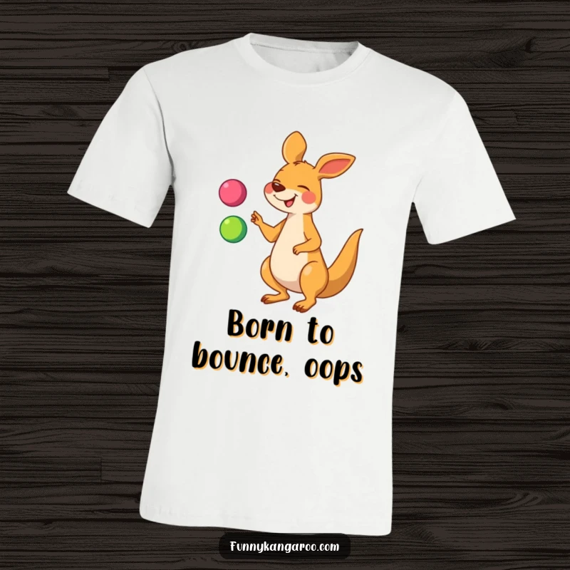 Funny kangaroo t-shirt showcasing a giggling cartoon kangaroo in mid-juggle with three bright, colorful balls, radiating pure joy.