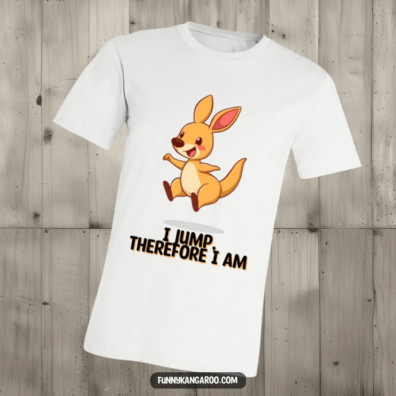 Funny Bouncing Kangaroo T-Shirt, cartoon kangaroo mid-leap with a delighted expression, great for animal lovers.