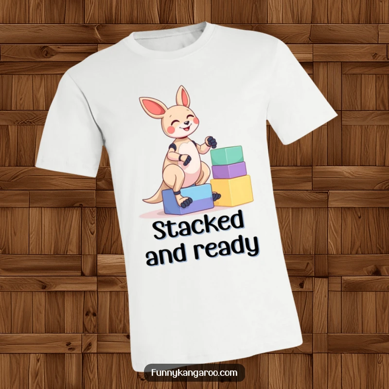 Funny Kangaroo Bot T-Shirt: A joyful kangaroo bot giggles as it tries to balance an impossibly tall stack of colorful, oversized blocks.