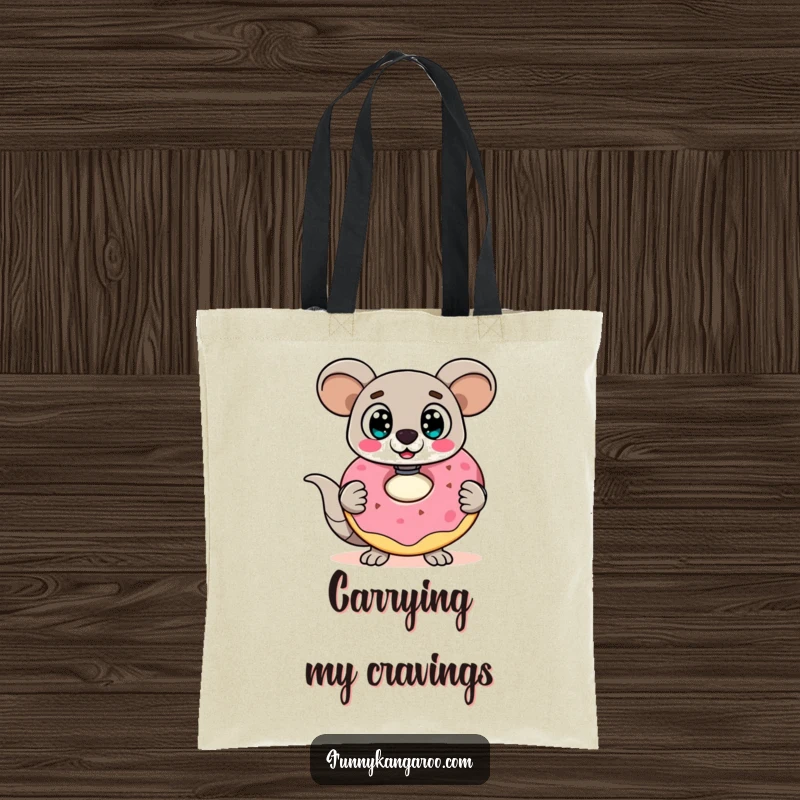 Funny Kangaroo Bot Tote Bag: A surprised kangaroo bot with wide eyes holds a giant, wobbly doughnut, ready to carry your essentials.