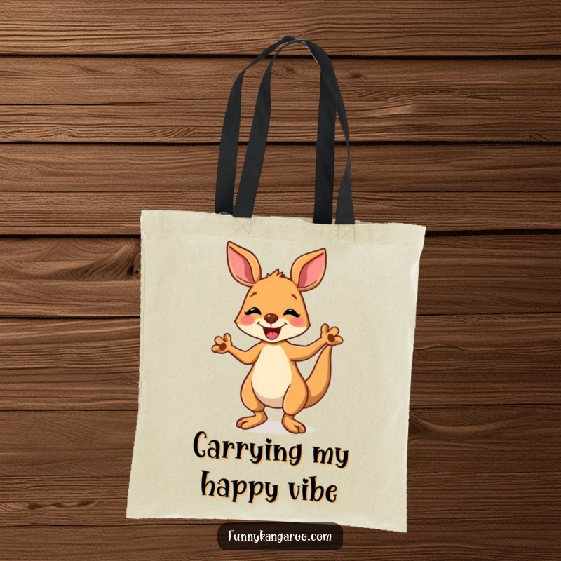 Funny kangaroo tote bag featuring a joyful cartoon kangaroo doing a happy, silly dance, perfect for shopping or errands.