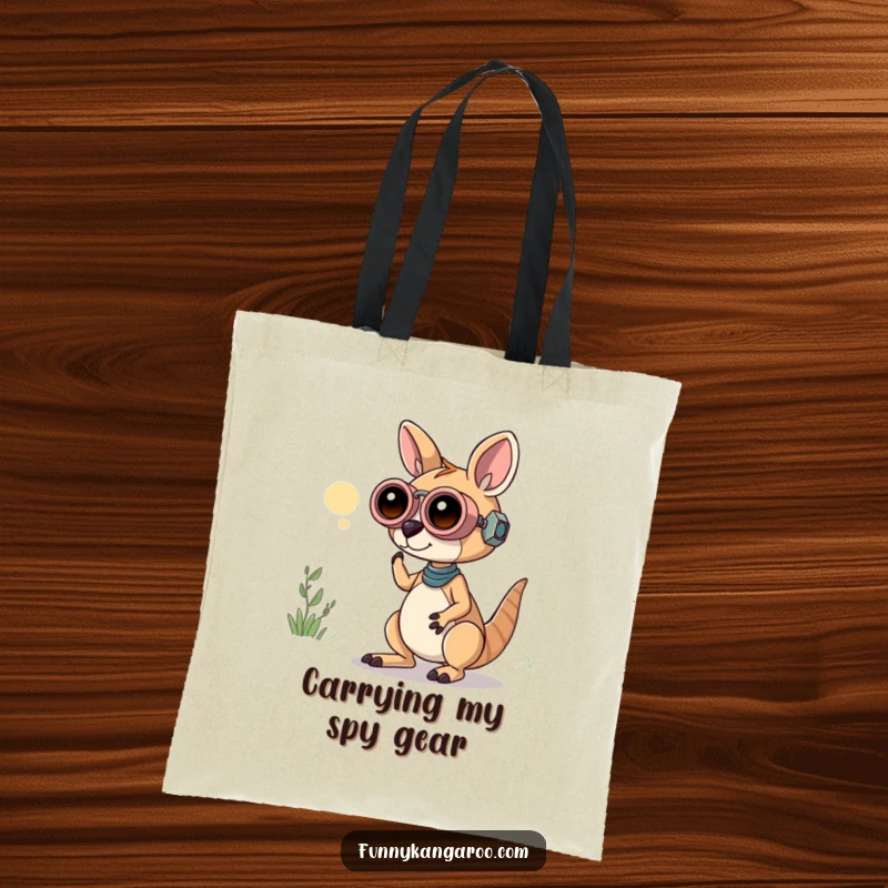 Funny Kangaroo Bot Tote Bag: A curious kangaroo bot uses playful oversized binoculars, perfect for carrying essentials with a sense of adventure.