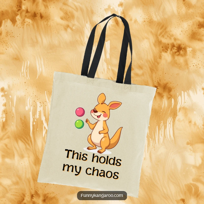 Funny kangaroo tote bag featuring a giggling cartoon kangaroo juggling three colorful balls, ideal for shopping or daily use.